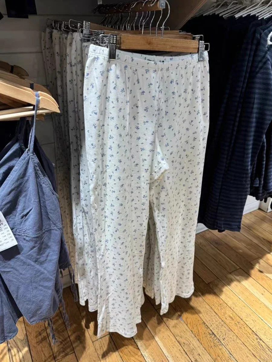 Women Blue Floral Eyelet Straight Long Pants Summer High Waist Casual Wide Leg Trousers Vintage Cotton Home Pajama Pant Y2k 240821