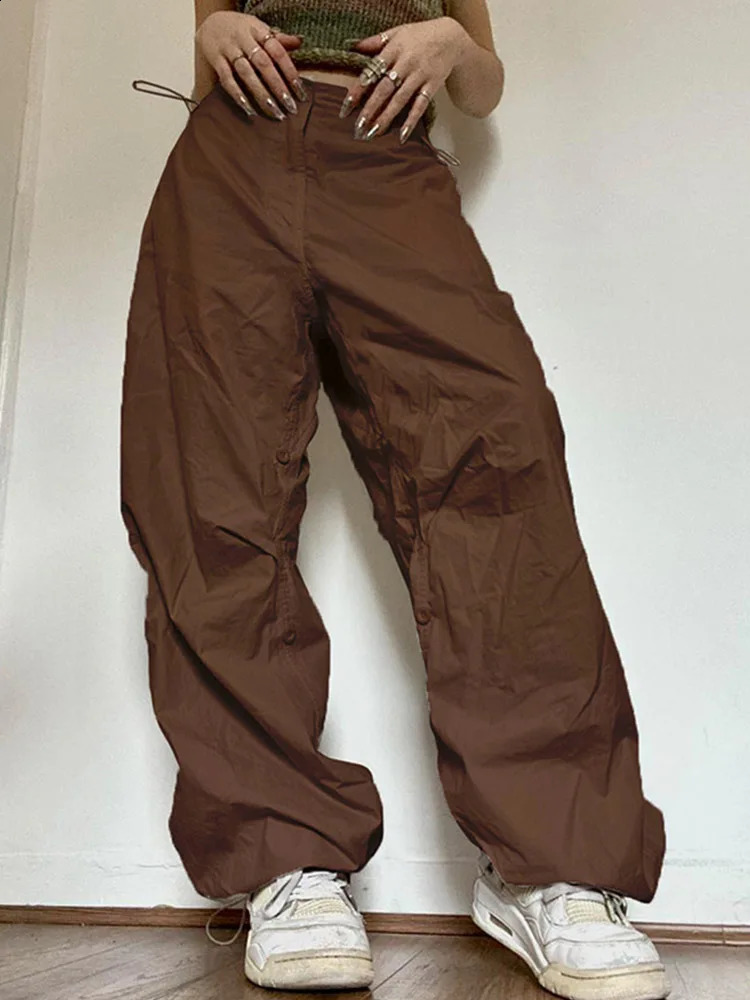 Solid Joggers Tech Pants High Waist Streetwear Fashion Brown Baggy Trousers Y2K Casual Vintage Clothes 240821