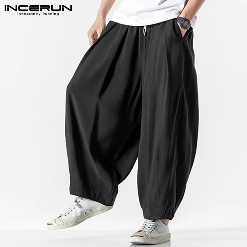 Summer Men Wide Leg Pants Drawstring Joggers Plain High Street Man Casual Trousers Baggy Fashion Harem Pants S-5XL INCERUN 240822