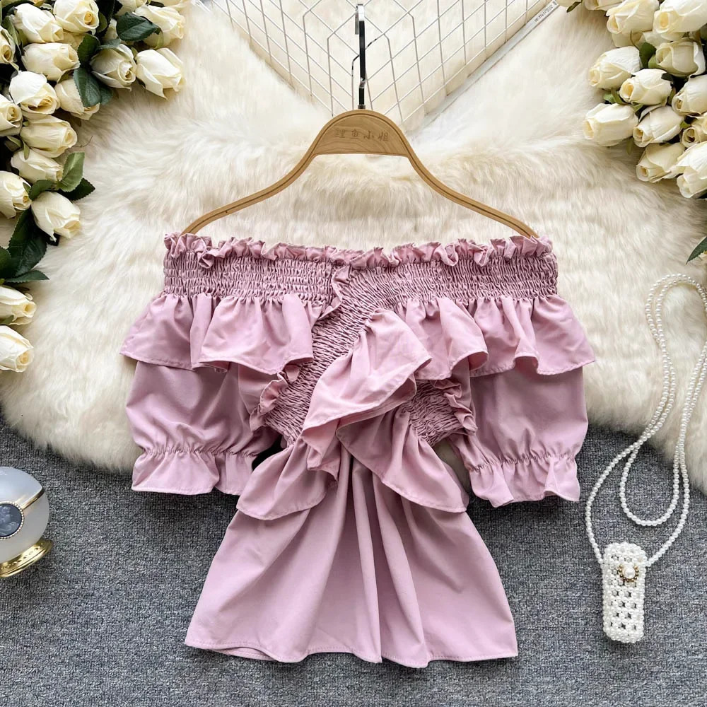Elegant Blouses for Women Korean Style Blouse Short Sleeve Off Shoulder Shirt Woman Sweet Y2k Crop Top Femme Blusas Drop 240821