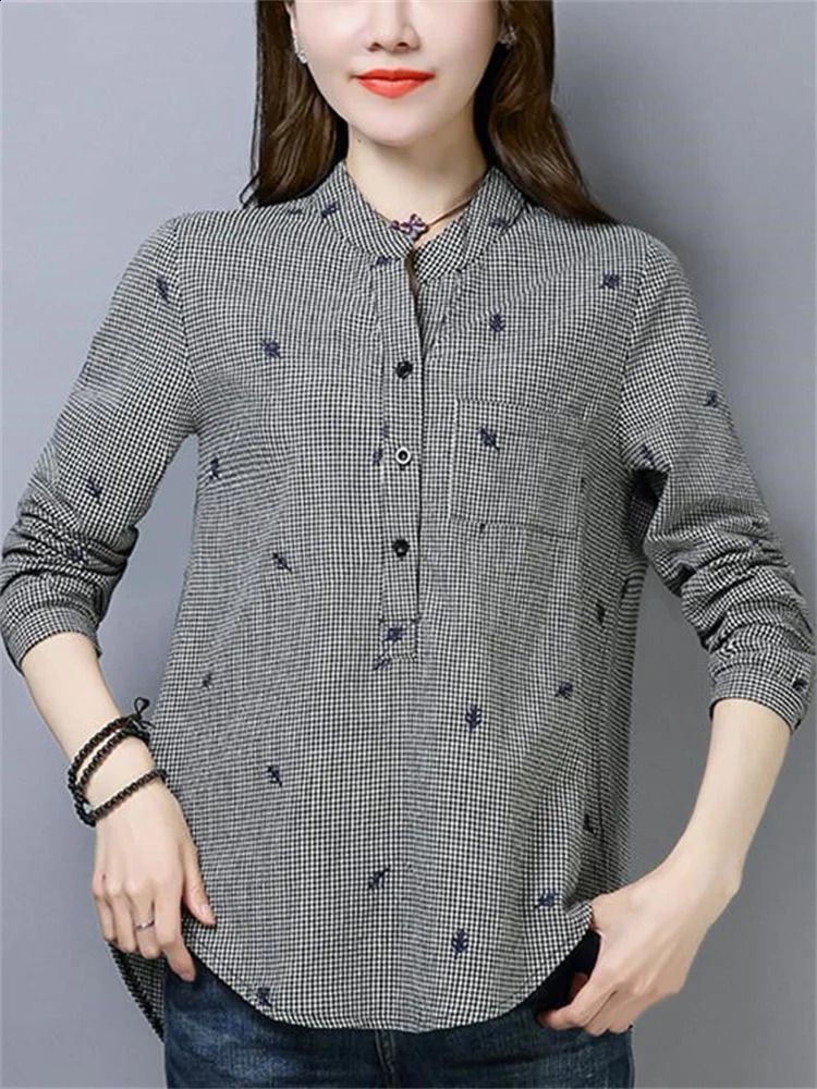 Womens Spring and Autumn style cotton shirt womens printed turtle neck button long sleeved Korean elegant top DF3878 240822