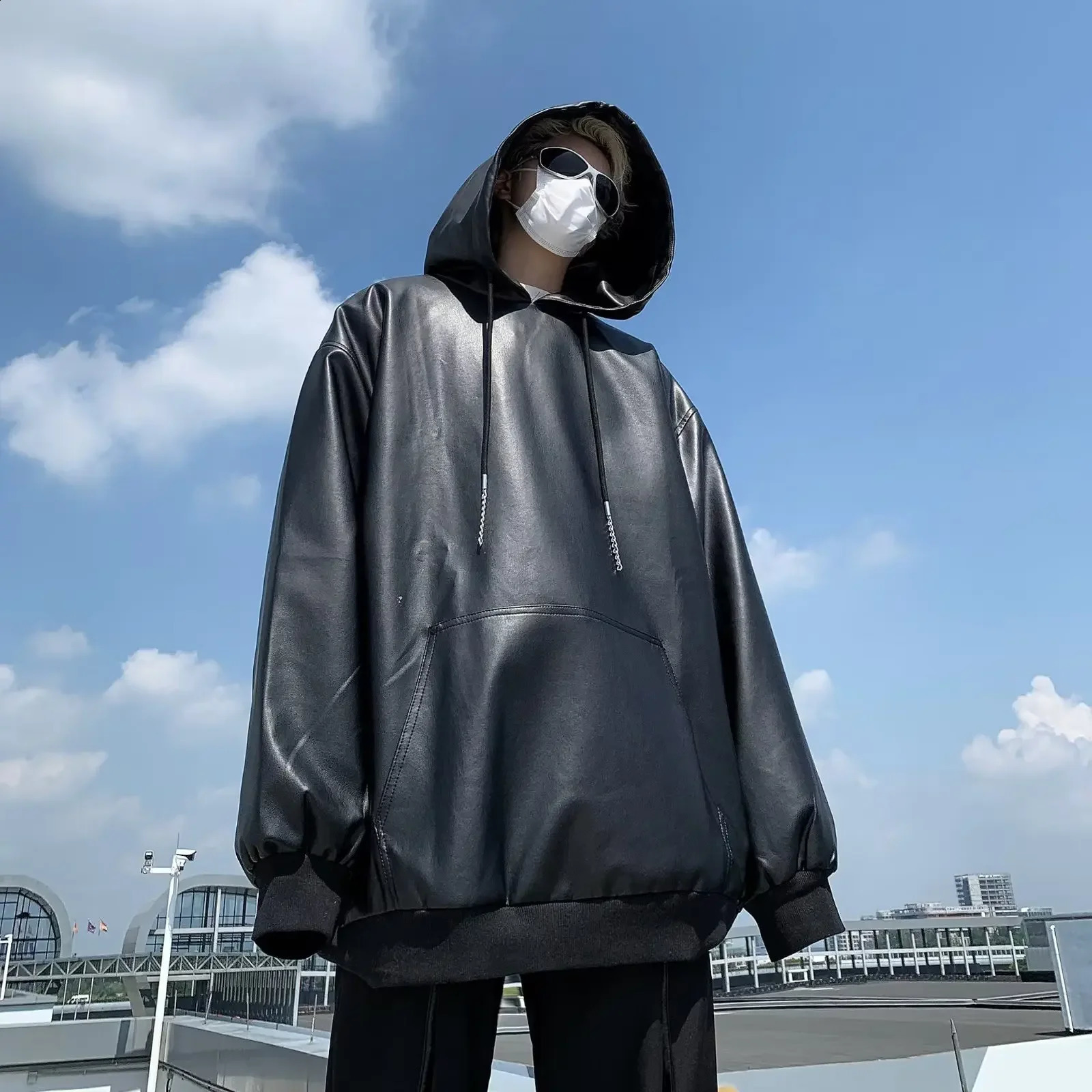 Casual Versatile Hooded Faux Leather Jacket For Men Fashionable Slim Fit Spring Autumn Trendy Cross-border Trade 240822