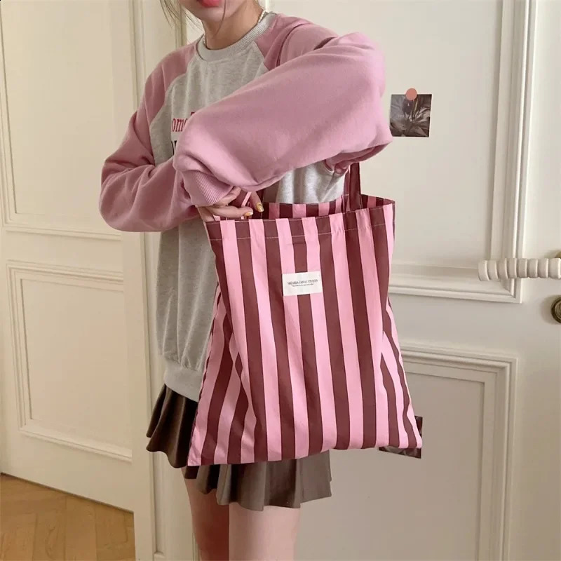 Youda Cotton Fabric Shoulder Bag for Women Fashion Striped Pattern Handbag Large Casual Capacity Shopper Tote Bags 240821