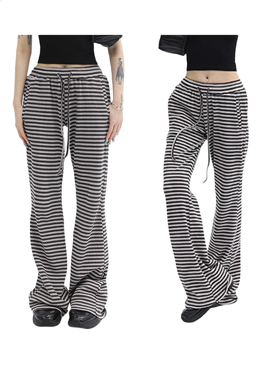 Women Y2k Drawstring Straight Leg Pants Vintage Low Rise Striped Print Knitted Pant Wide Leg Lounge Pj Pant Bottom 240821