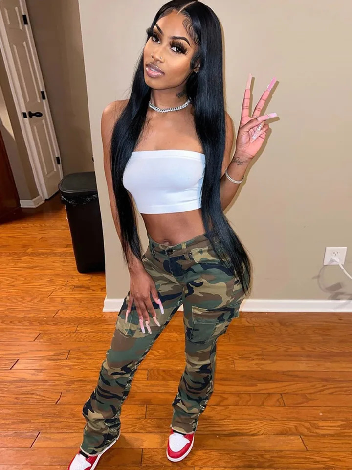 LW High Waist Camo Multicolor Cargo Pants Street Casual Side Pocket Camouflage Women Spring Streetwears Straight Lady Trousers 240821