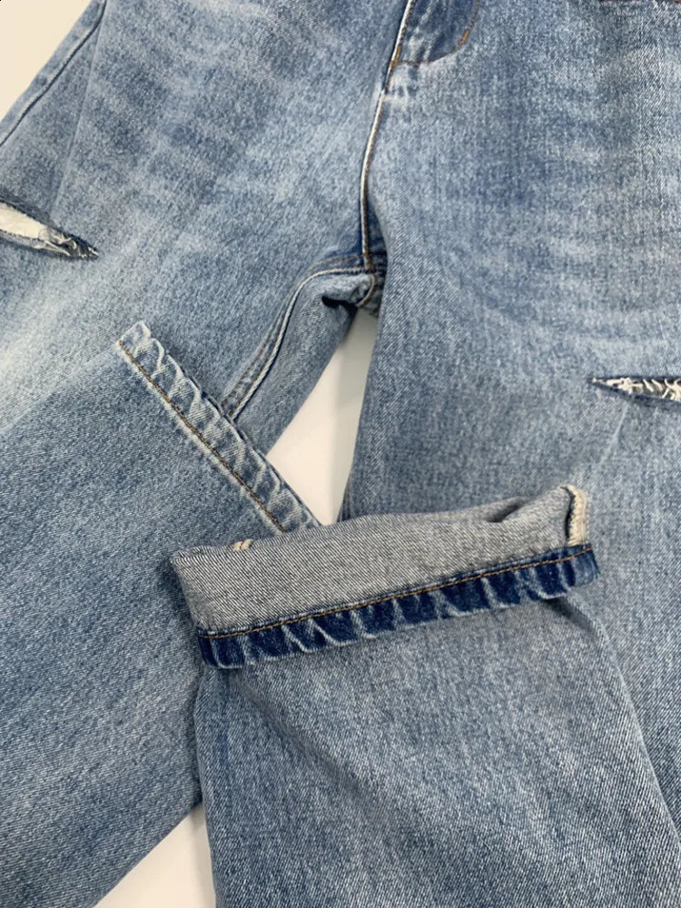 DEAT Fashion Womens Loose High Waist Wide Leg Denim Pants Hollow Blue Long Straight Jeans Autumn Collection L2901H 240821