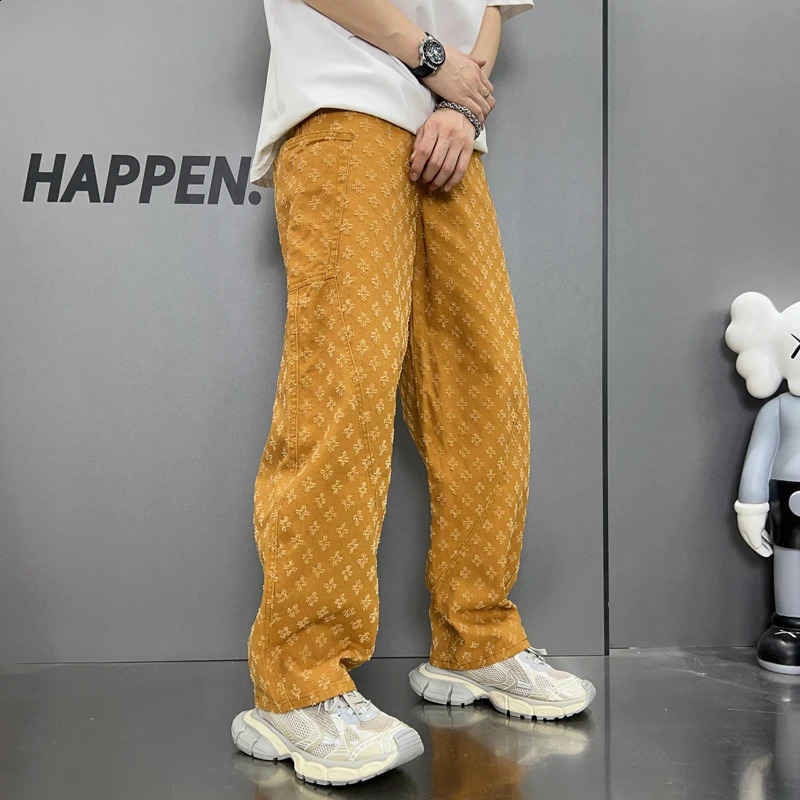 Personalized Jacquard Pattern Jeans Mens Straight Loose Bottom Embossed Pumpkin Color Pants 240821