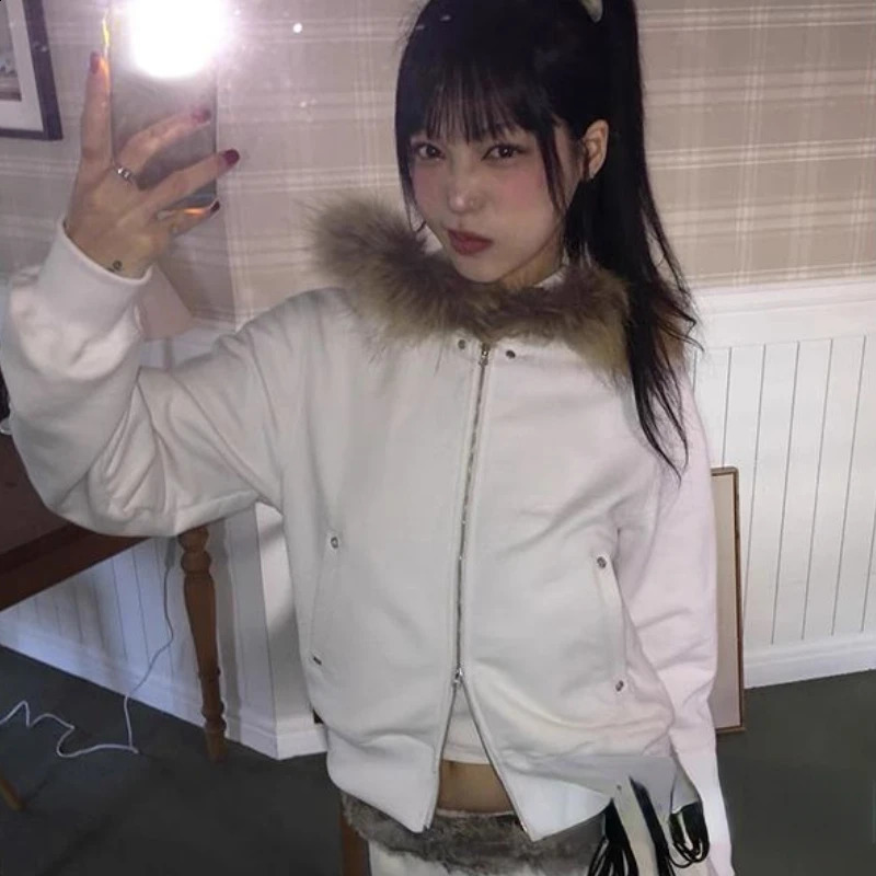 Fairy Fur Patchwork Fashion Sweatshirt Retro Grunge Full Match Womens Coat Double Zipper Casual Hoodie Y2k Aesthetic 240821