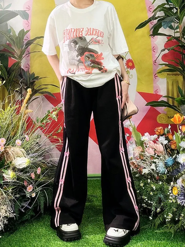 ADAgirl Bow Striped Sweatpants Women Hip Hop Black Sports Oversize Wide Leg Pants Fashion Casual Harajuku Retro Mujer Bottoms 240821