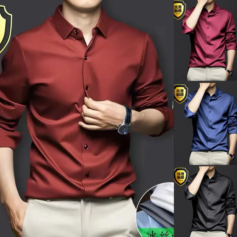 6XL mens shirt Dress Long sleeve Ice silk plus size Business casual high quality wear free breathable slim solid color 240822