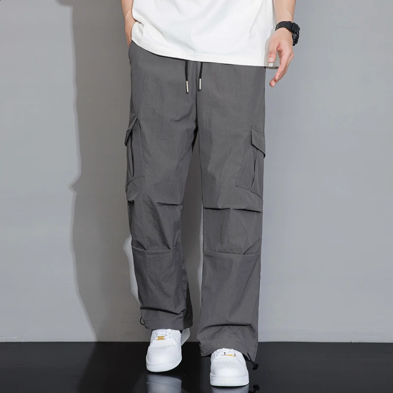 Spring Autumn Mens Solid Color Elastic High Waist Pockets Drawstring Casual Loose Trousers Cargo Straight Preppy Style Pants 240822