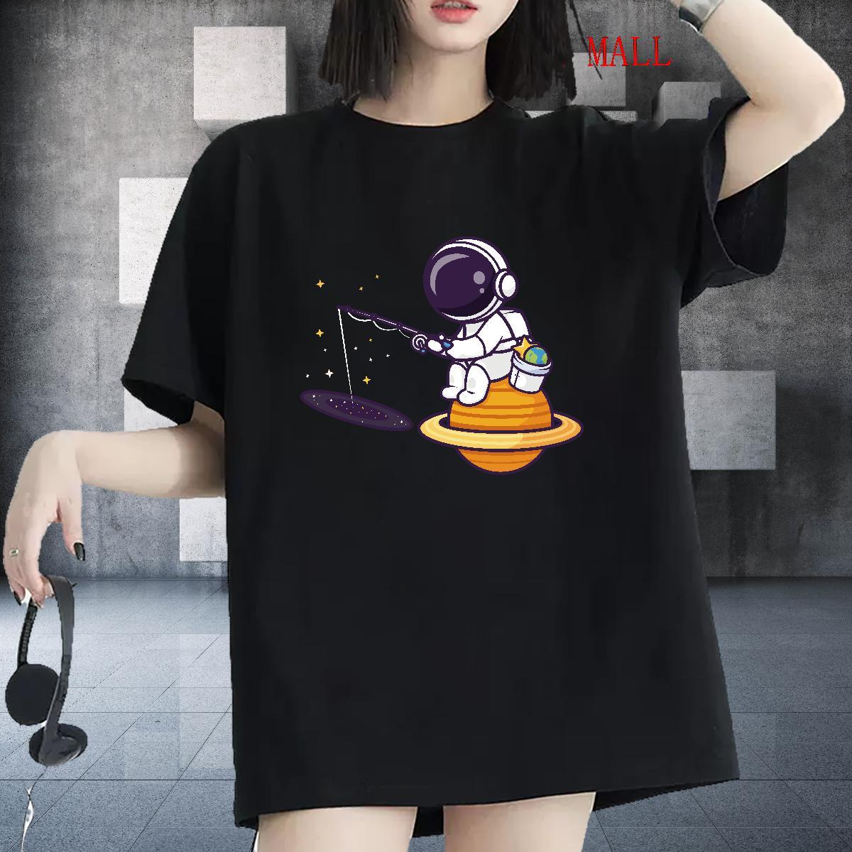 Loose Women Tshirts 100% Cotton 230g cosmonaut Sports Casual T shirt Comfortable Anime Clothes