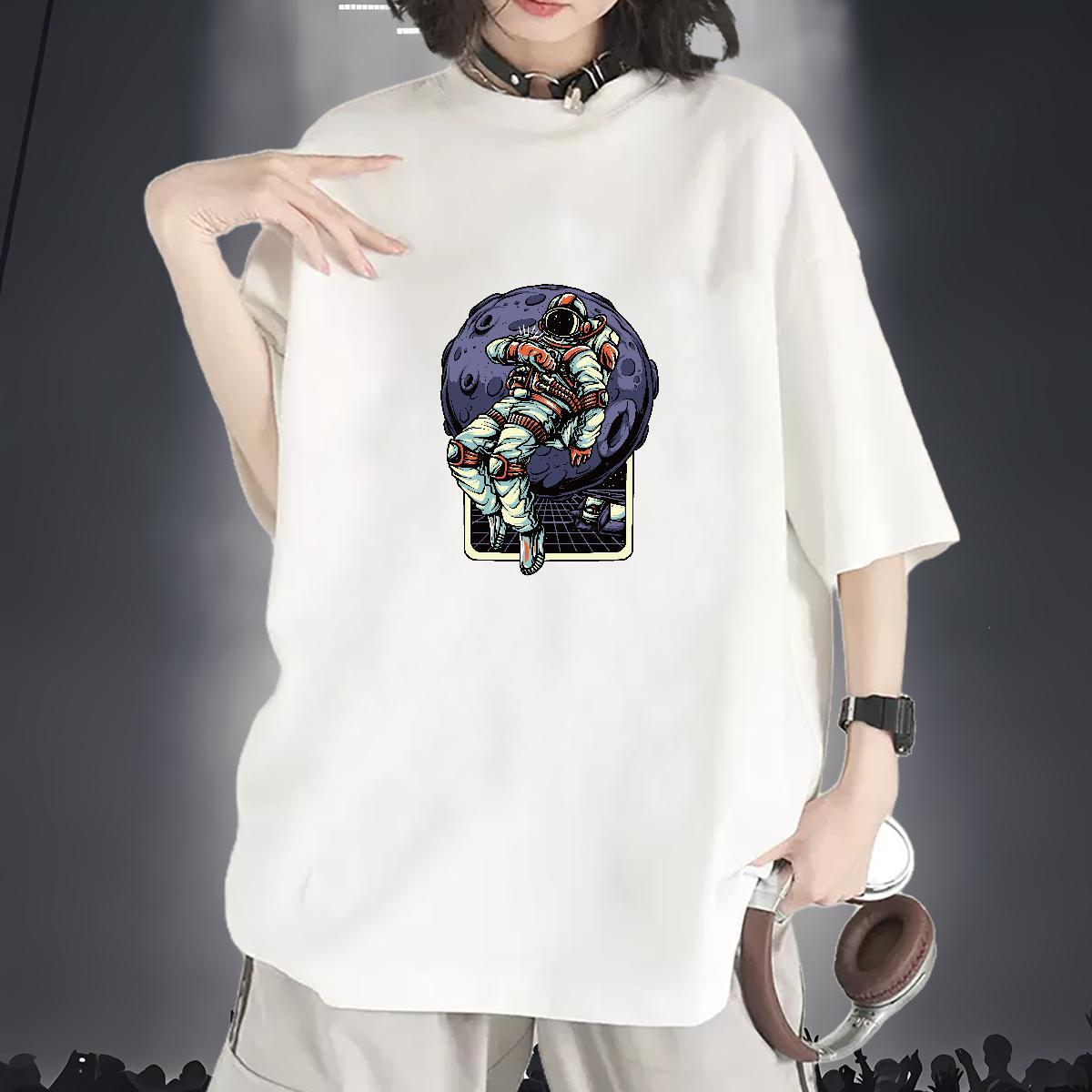 Wholesale Women Tees 100% Cotton 230g cosmonaut Sports Street Wear T-Shirts Crew Neck Breathable Cartoon Printing L-4XL Polos