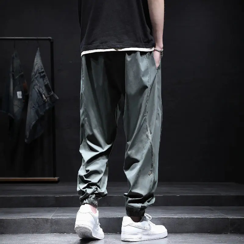 Summer Trend Mens Spliced Button Loose Casual Simplicity Solid Color Korean Version Commute Youth Harem Cargo Ninth Pants 240822