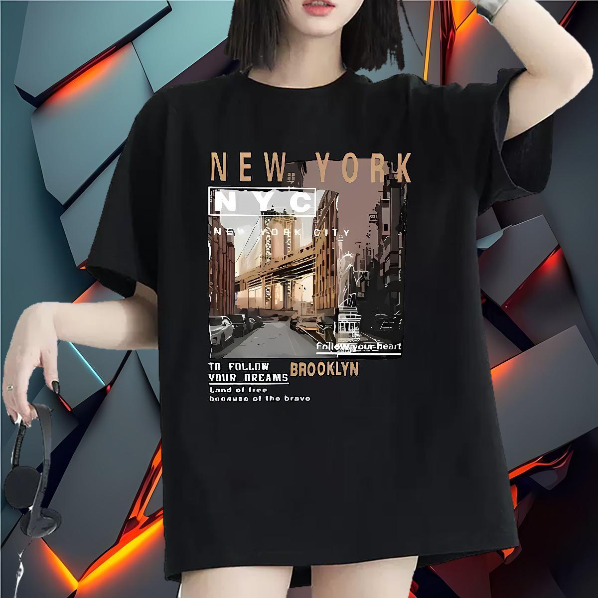Brand Womens Tshirts 230g 100% Cotton New York Street Casual T Shirts Women Short Sleeve O-Neck Cartoon Print Tops Shirt