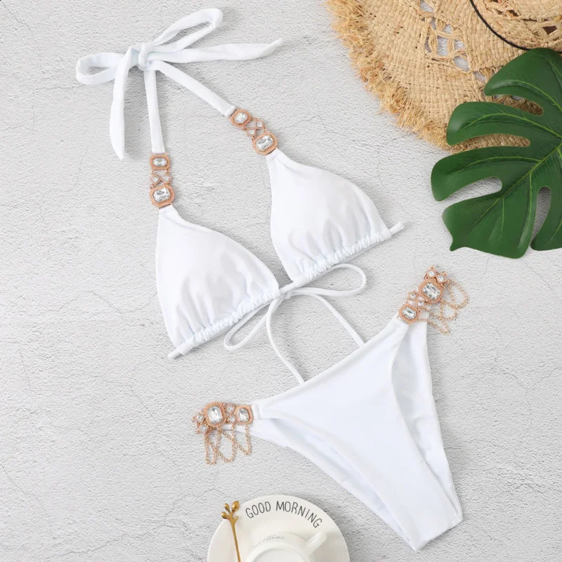 Sexy Womens Swimsuit With Rhinestones Solid Bikinis Female Swimwear Push Up Bikini Beachwear Swimming Bathing Suit Bather 240822