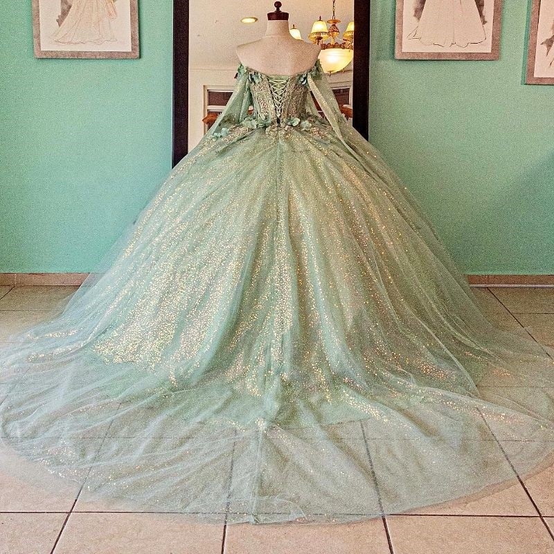 Sage Green Sequin Princess Quinceanera Dresses Applique Flower Beads With Cape Corset Sweet 16 Dress Birthday Vestidos De 15 Anos