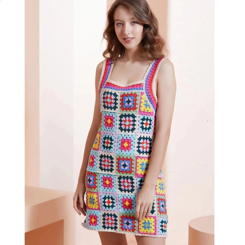 Summer Beach Skirt Bikini Crochet Flower Short Skirt Sleeveless Sling Dress H7EF 240821