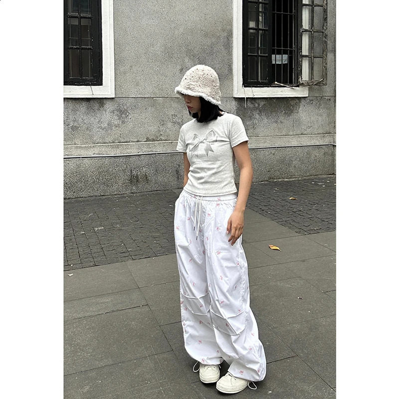 Summer Y2k Parachute White Pants Women Streetwear Fashion Baggy Bows High Waist Casual Sweatpants Hip Hop Slouchy Sport Joggers 240821