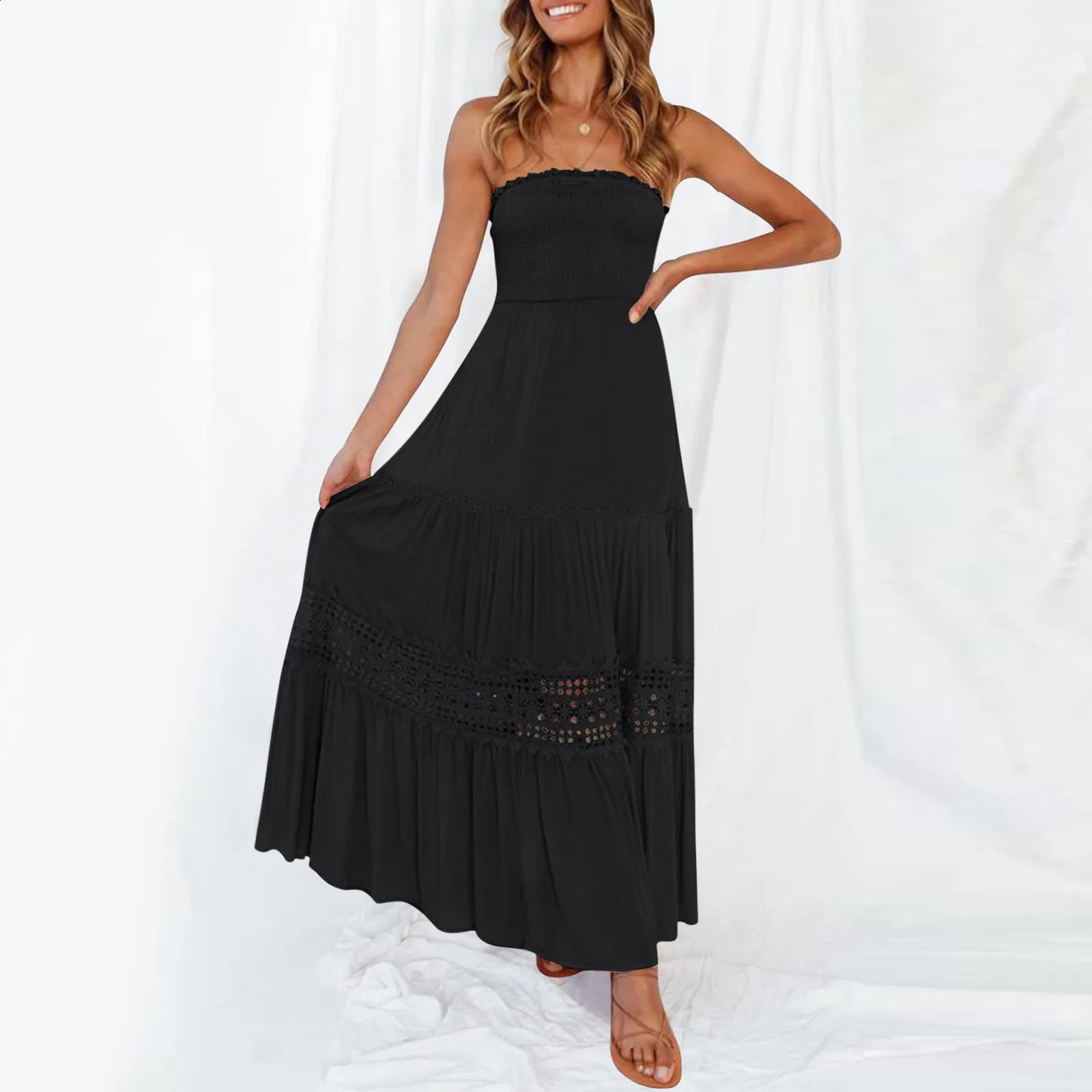 Womens Boho Wrap Dresses Ladies Summer Bohemian Strapless Off Shoulder Lace Trim Backless Flowy A Line Beach Long Maxi Dress 240822