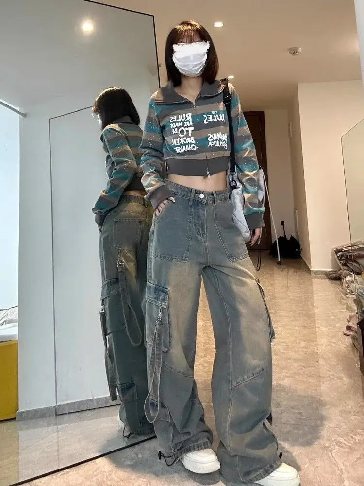 American hip-hop personalized retro washed workwear jeans for men and women loose straight leg wide leg retro casual pants y2k 240822