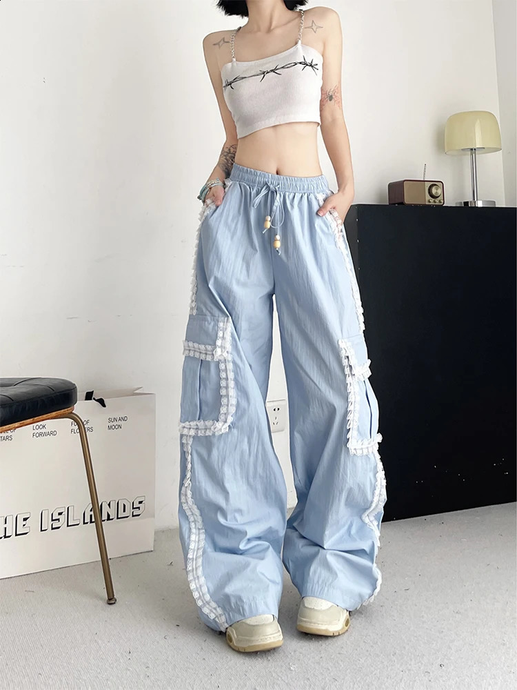 Womens Blue Cargo Pants Baggy Streetwear Harajuku Japanese 2000s Style Y2k Lace Parachute Pants Vintage Trousers Clothes 240821