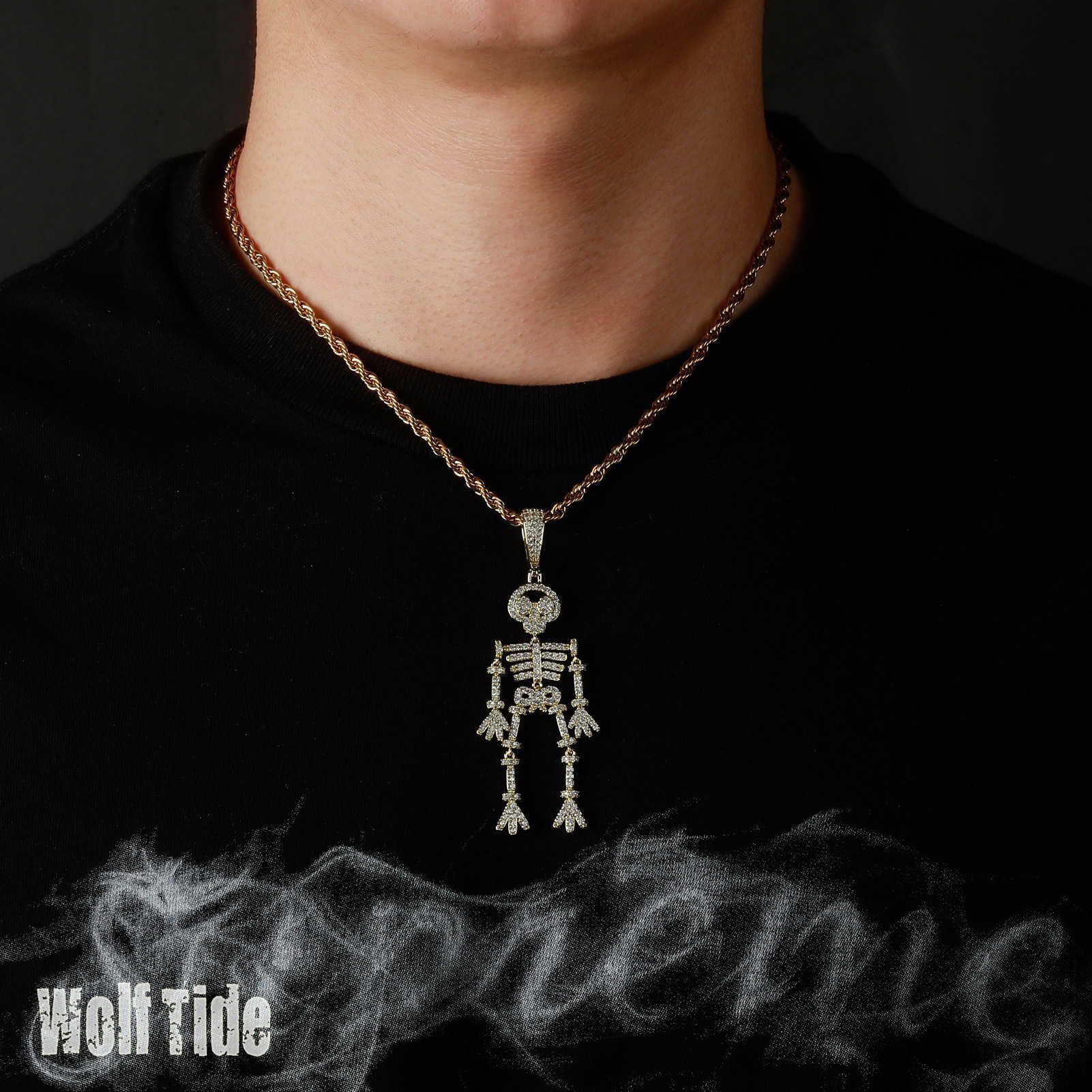 Creative Exaggerated Skeleton Pendant Necklace Colorful bling cubic zirconia Hip Hop Human skull Splicing Modeling Jewelry Rock Gemstone Collier Hallo