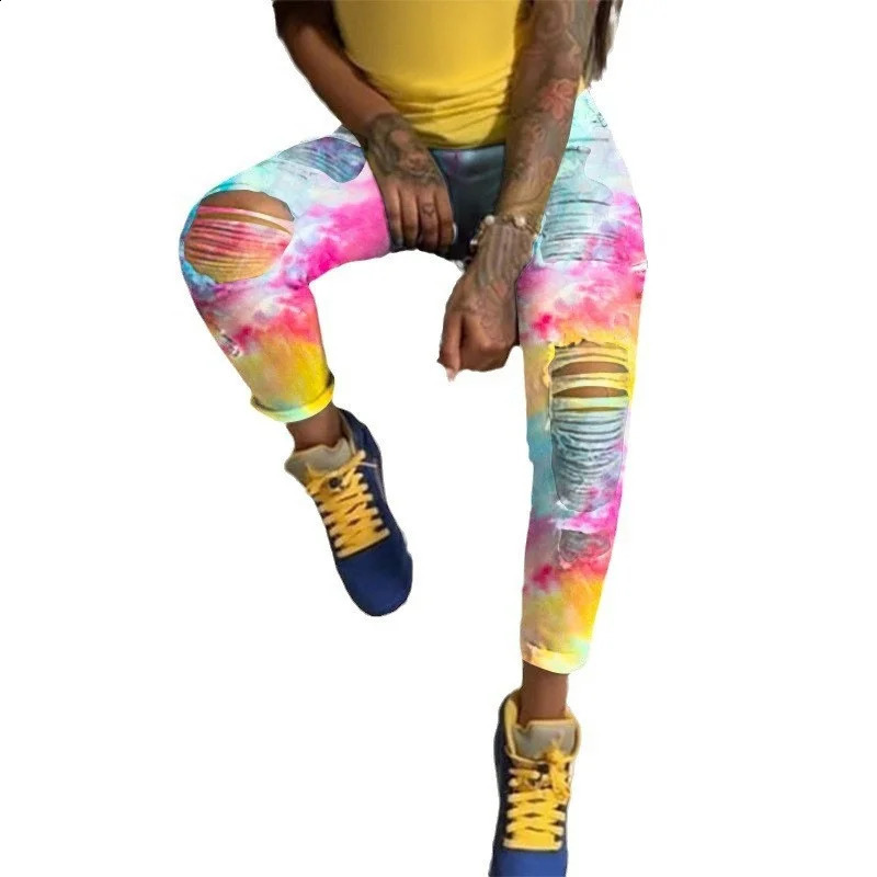 Womens Wash Light Leggings Color Dye Printing Two Color Gradient Tie Dye Denim Pants Woman Hipster Baggy Trousers Ropa De Mujer 240821