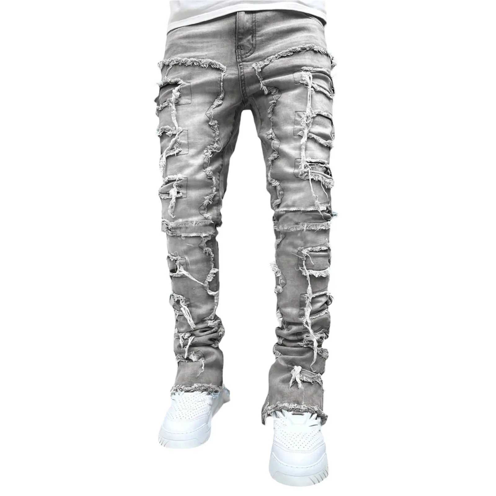 Streetwise Stretch Patch Jeans For Men Bottom Baggy Mens Clothing Summer Solid New Fashion Mid Waist Patchwork Long Pants Men X250220