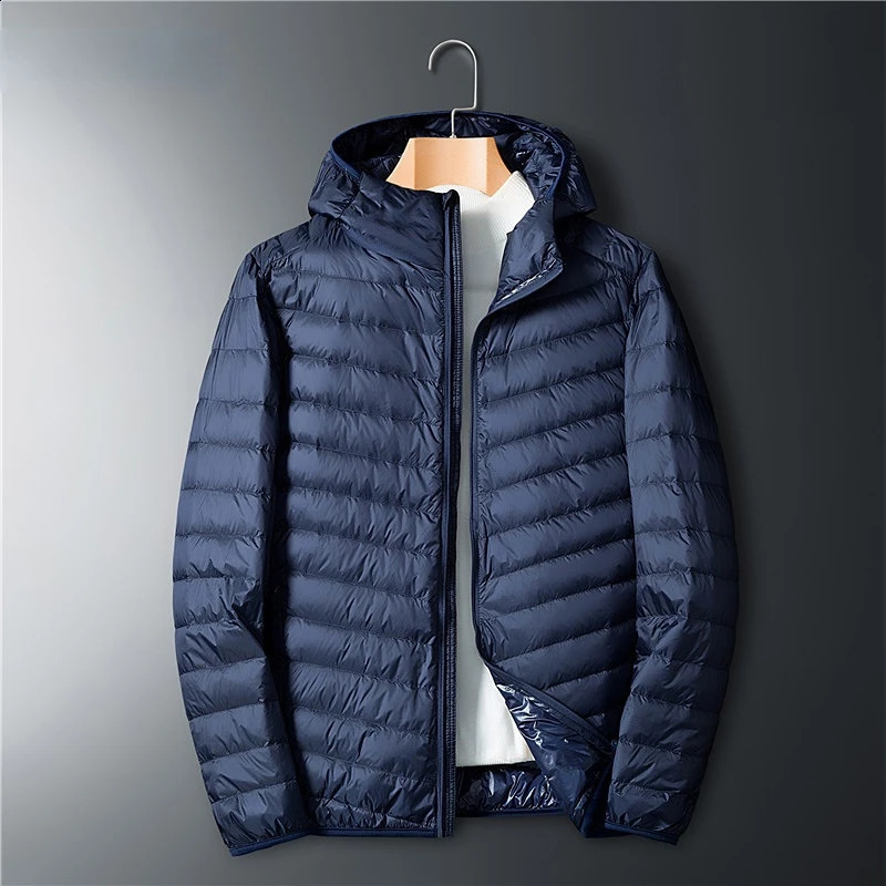 Winter mens ultrathin down jacket white duck hooded long sleeved warm Parka portable model 240822