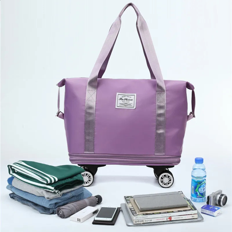 Foldable storage bag with wheels expandable portable luggage bag outdoor travel rolling bag large capacity womens shopping bag 240821
