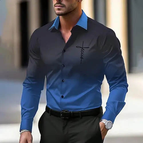 Gradient Printed Mens Long Sleeved Shirt Business Casual Shirt Work Commuting Formal Occasion Shirt MB12 240822