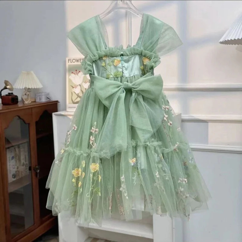 Summer girls childrens fashionable dress with green bow/hanging mesh princess skirt suitable for childrens clothing 240813bj