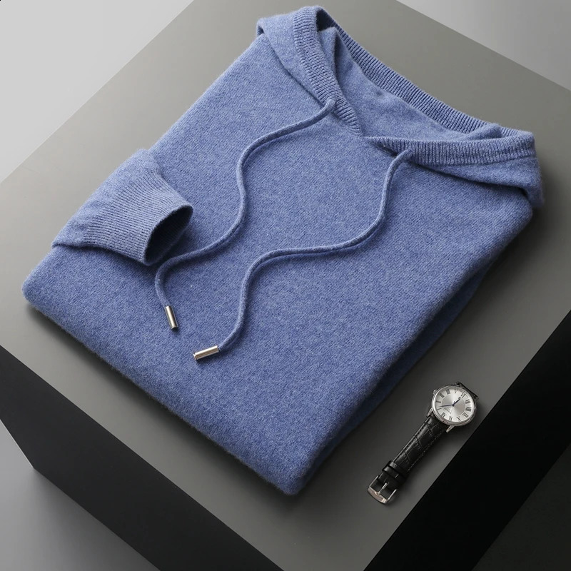 Mens Pullover 100% wool cashmere sweater solid color knitted casual long sleeved mens pure hooded w240821