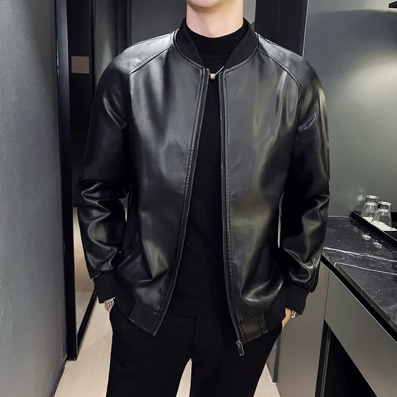 Mens PU Leather Jacket Fashion Baseball Collar Casual Jackets Solid Color Motorcycle Leather Outerwear Men 240822