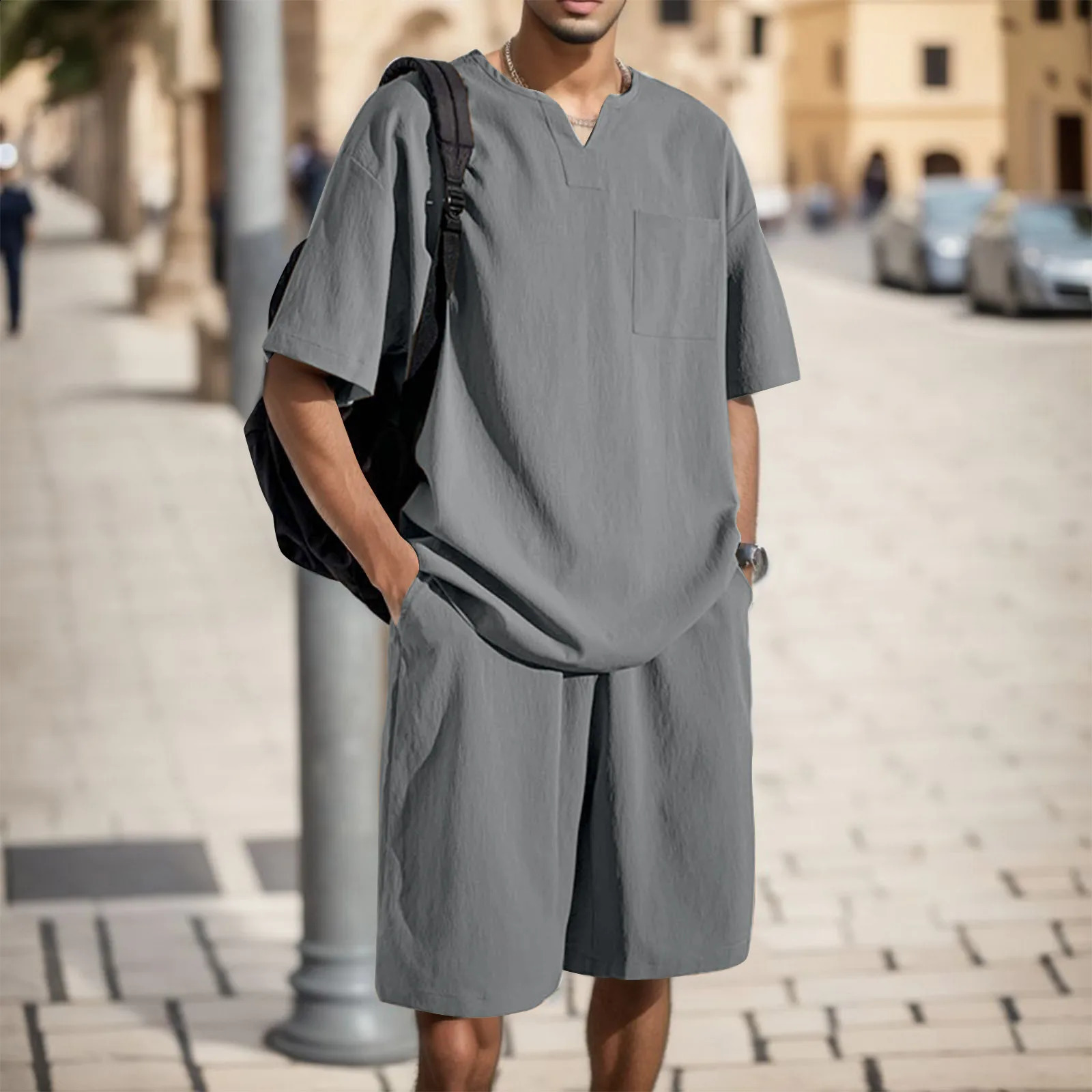 Mens casual suit style with loose ice silk sportswear family clothing twopiece set summer mens 240822