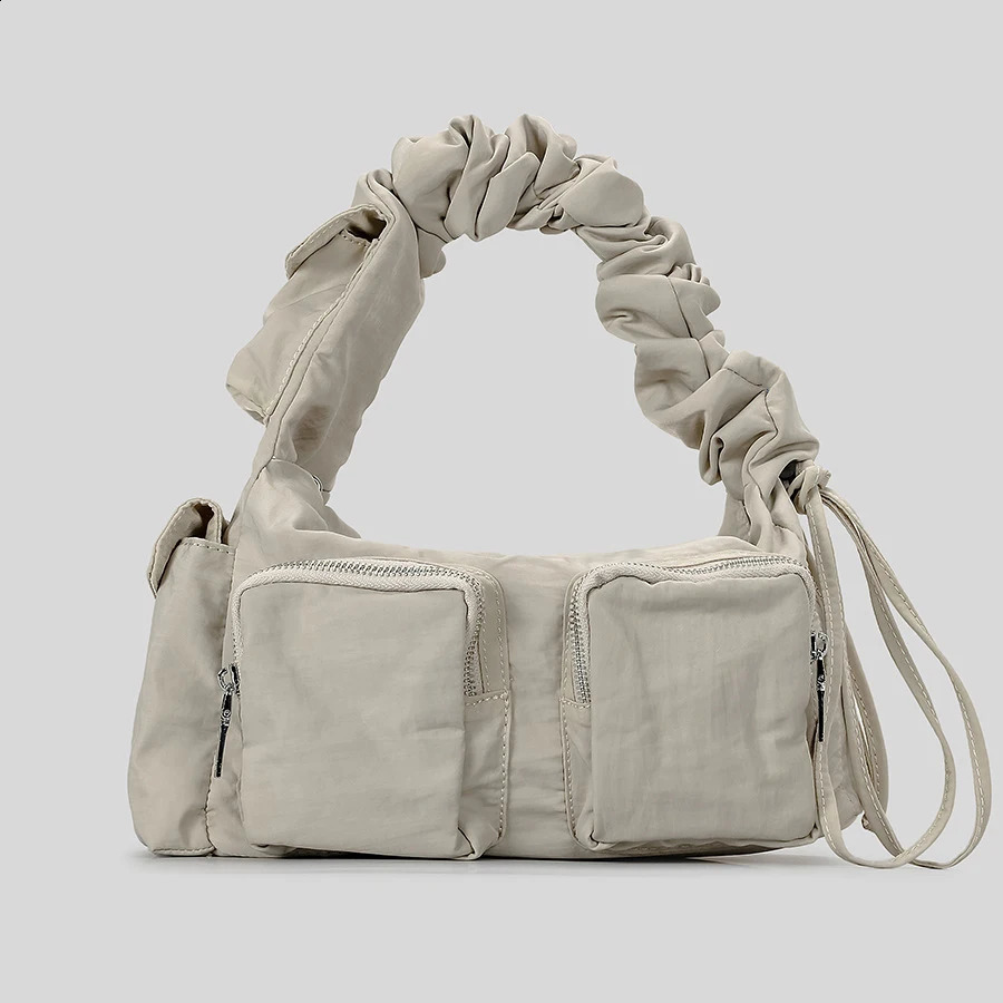 Casual Drawsting Strap Women Shoulder Bags Multiple Pockets Nylon Handbag Hobos Crossbody Bag Small Tote Shopper Purse 240821