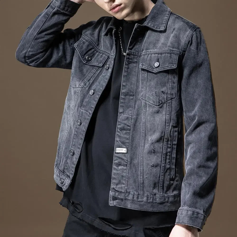 Male Jean Coats Button Autumn Black Mens Denim Jacket Biker Motorcycle With Embroidery Korea Clothing In Low Price Worn Y2k 240821