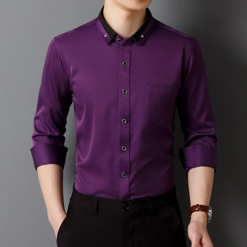 Mens Shirt Long Sleeve Elastic Wrinkle Proof Business Office Spring and Autumn Top Classic Solid royal blue -Black -White-green 240822
