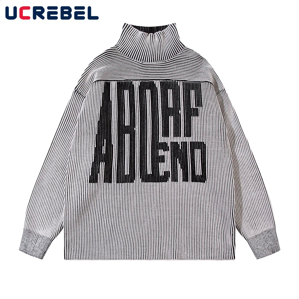 Letter Jacquard Striped Double-sided Sweater Mens Autumn Winter High Street Long Sleeve Loose Knitted Pullover Men 240821
