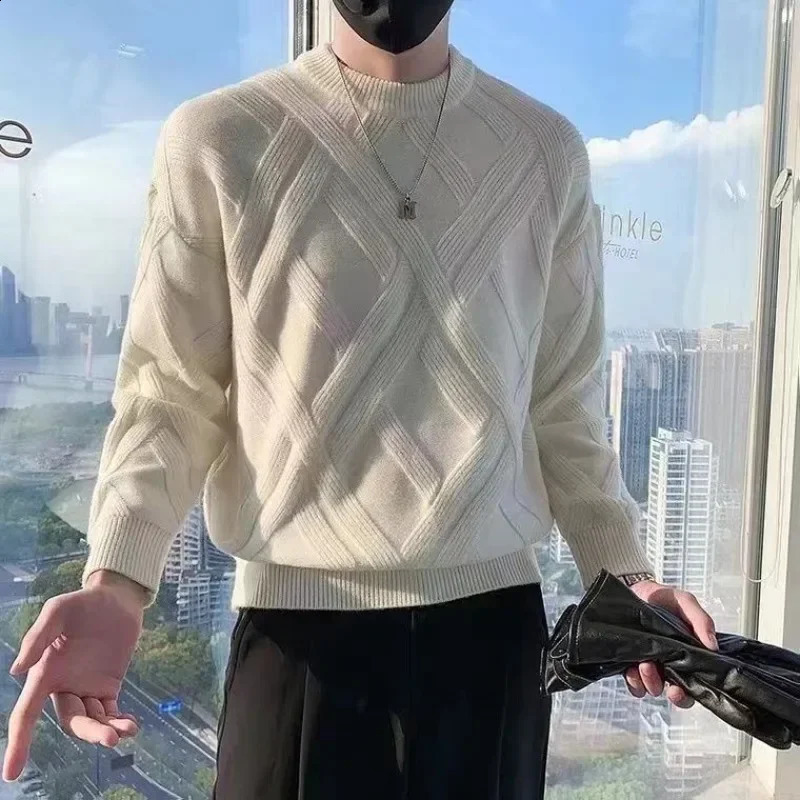 White Knitted Sweaters for Men Round Collar Green Crewneck Pullovers Man Clothes Clothing Knitwears Y2k Streetwear Fun Casual S 240821