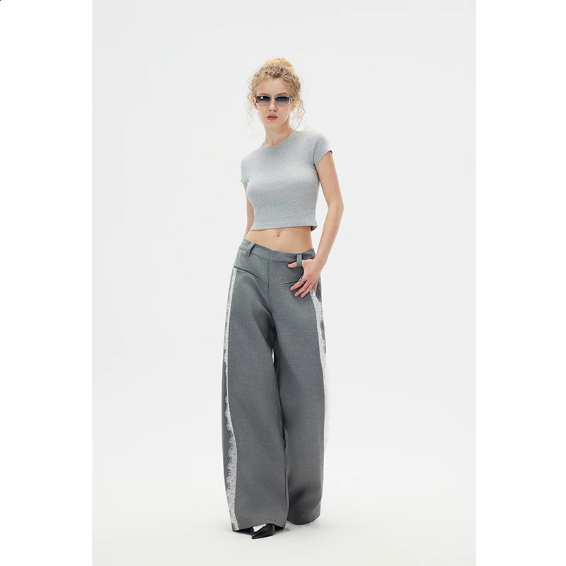 Womens Grey Lace Patchwork Pants Y2k Vintage Harajuku Casual Fashion Pants 90s Aesthetic High Waist Trousers 2000s Clothes 240821