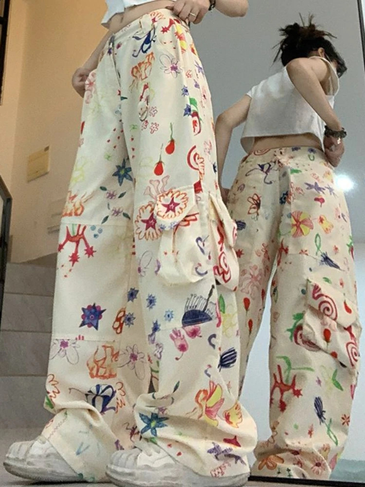 ADAgirl Vintage Baggy Cargo Pants Women Y2k Fashion Straight Flower Pattern Low Waist Casual Sweatpants Hip Hop Slouchy Trousers 240821