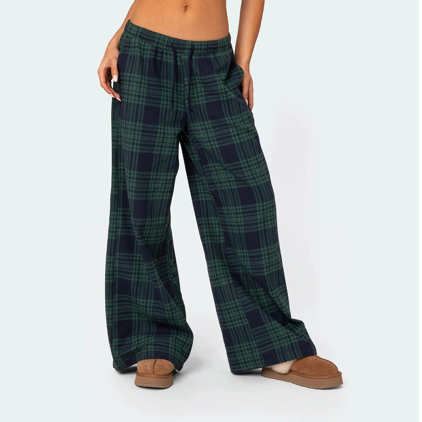 Combhasaki Women Y2K Vintage Casual Long Trousers Plaid Print Elastic Wide Low Waist Loose Wide Leg Lounging Pants with Pockets 240821