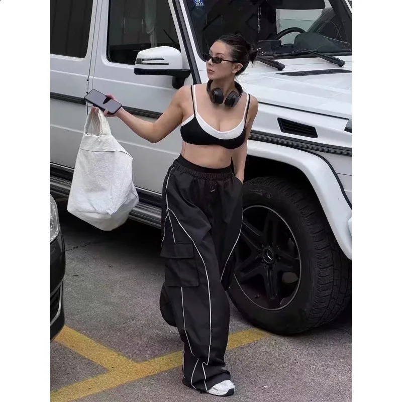 2Colors Women Y2k Hip Hop Sweatpants Loose Paratrooper Pants Irregular Line Oversize Trousers Vibe Dance Long Baggy Cargo Pants 240821