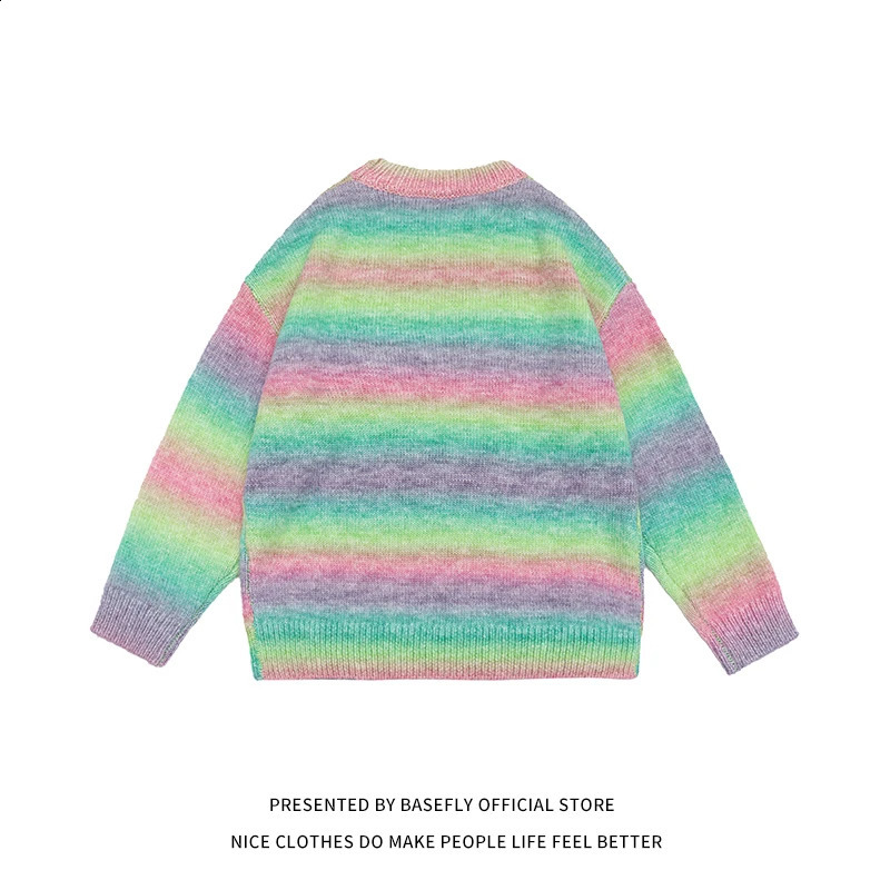 Autumn and winter striped rainbow color chic streetwear mens sweaters unisex couple womens sportswear Pullover casual hiphop 240821