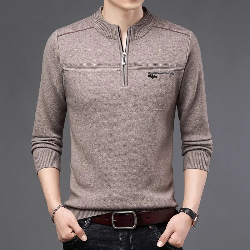 Winter Middle Aged Thick Warm Half Neck Zipper Standing Neck Wool Sweater Print Patchwork Business Casual Fleece Long Sleeve Top 240821