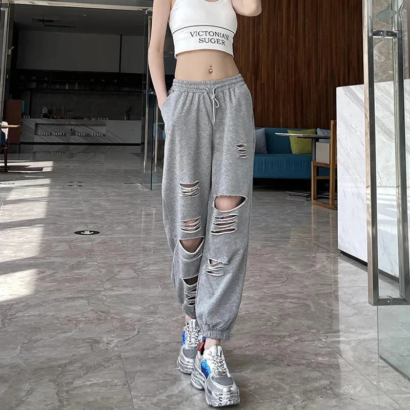 MEXZT Fashion Hole Streetwear Women Harem Pants Summer Harajuku Hollow Out High Waist Elastic Sweatpants Casual Korean Y2k Pants 240821