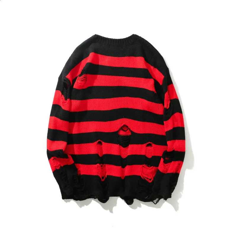 Autumn Winter Ripped Hole Hip Hop Punk Sweater Men Women Street Casual Black White Stripe Vintage Pullovers Sueter 240821