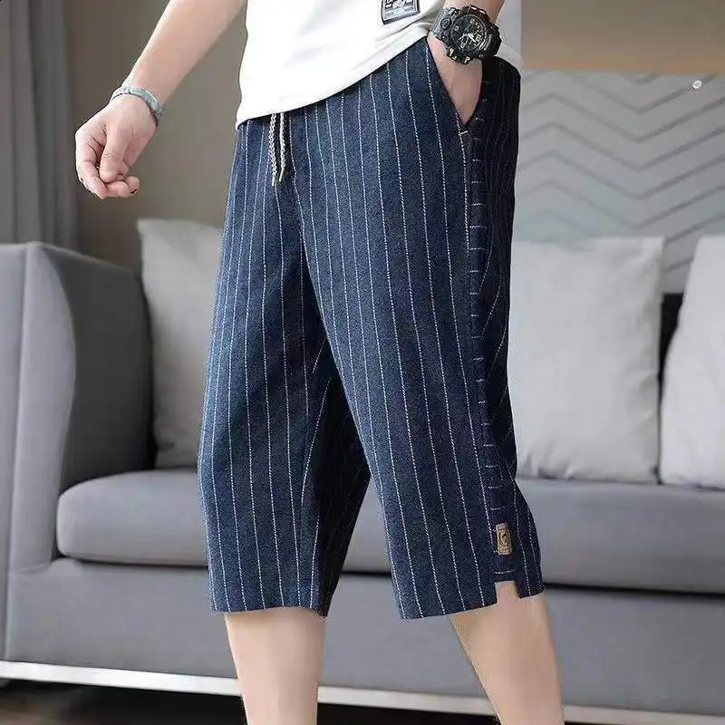 Summer Mens Cotton Linen Cropped Pants Fashion Casual Loose Wide Leg Straight Trouser Vintage Calf-Length Shorts Streetwear 240822